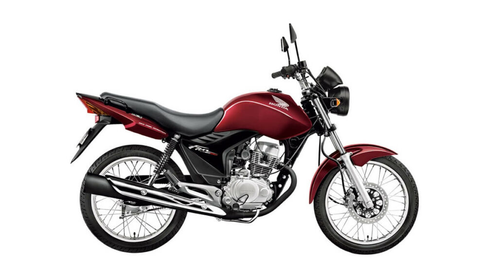 Foto lateral de uma Honda 150 Fan ESDI 2012 vermelha em um estúdio de fotos