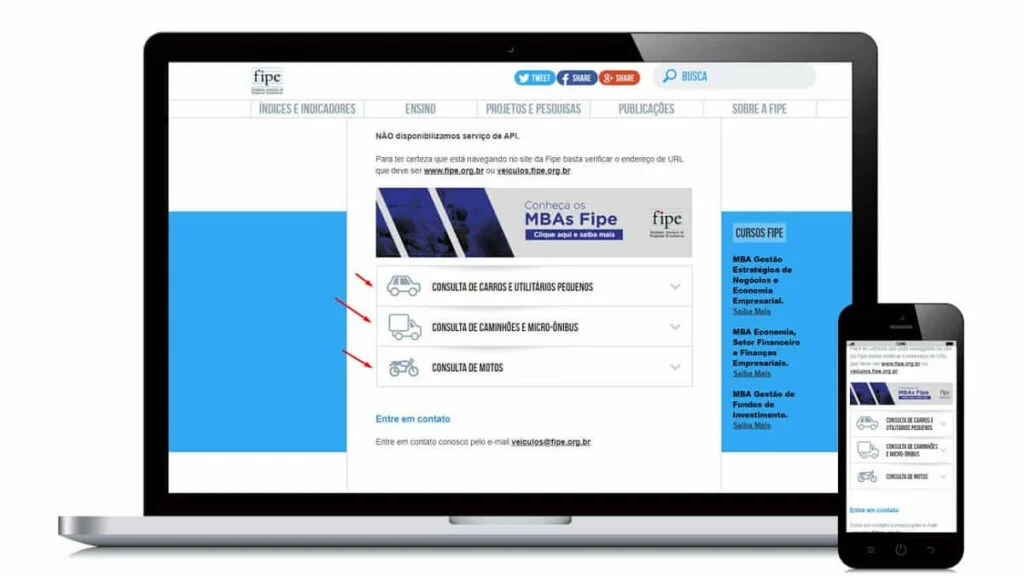 Tabela Fipe site oficial homepage no notebook e celular