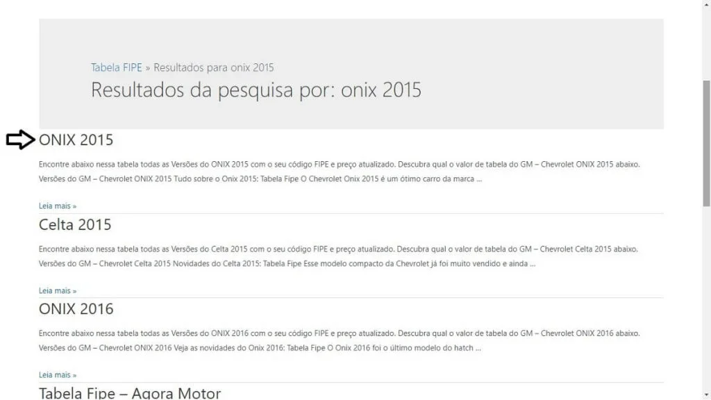 Resultado da pesquisa Fipe Onix 2015