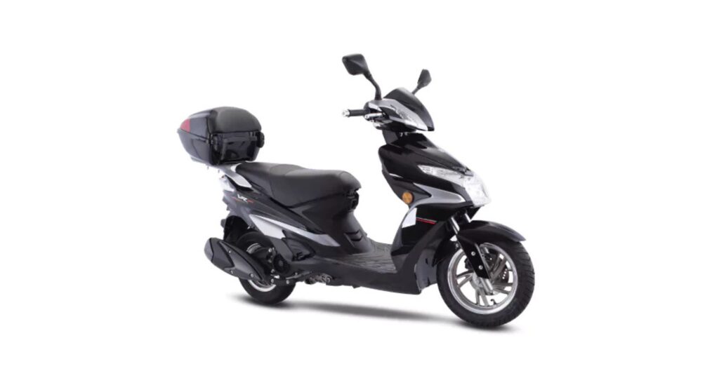 Haojue VR 150 preto parado de lado.