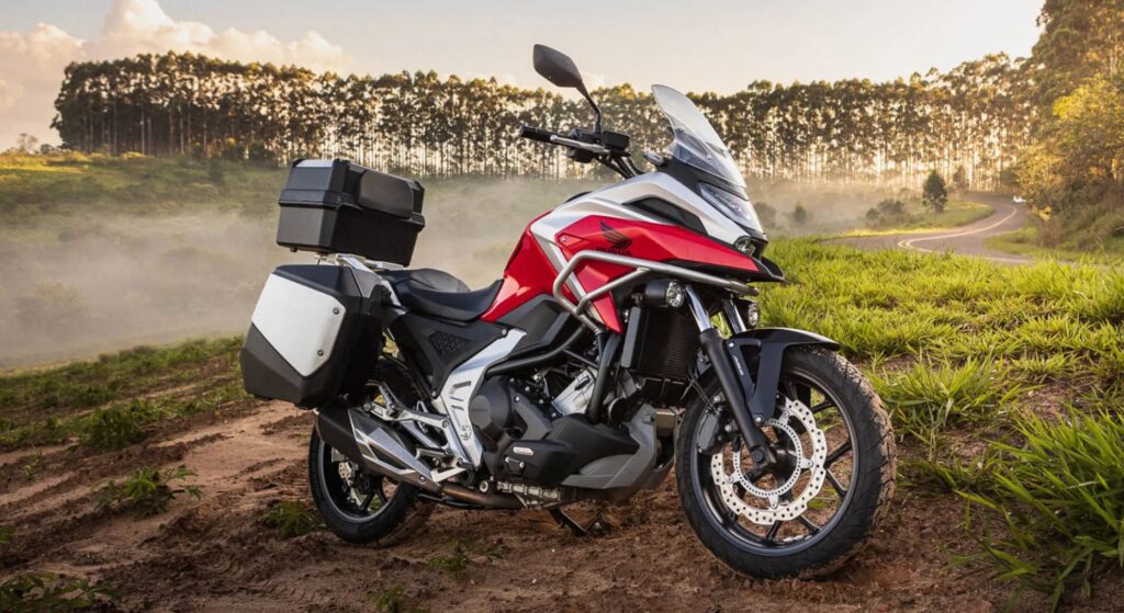 Honda NC 750 X Zero Km vermelho parado na diagonal.