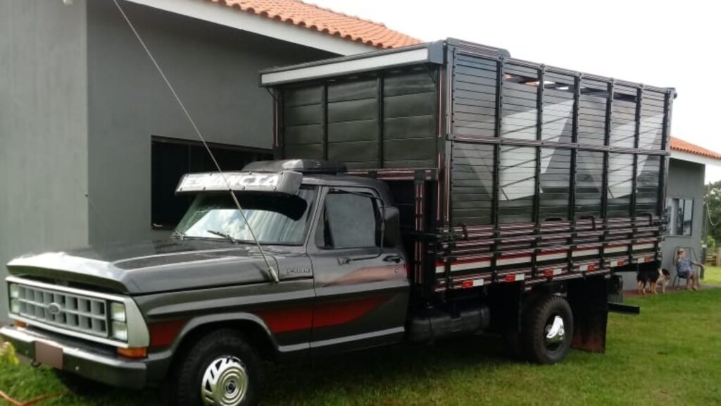 FORD F4000 1986 cinza com detalhes em vermelho.