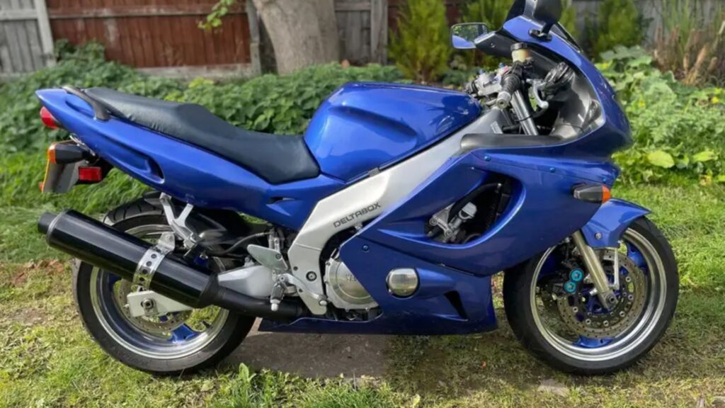 Yamaha YZF 600 THUNDERCAT 1997 azul em um gramado.