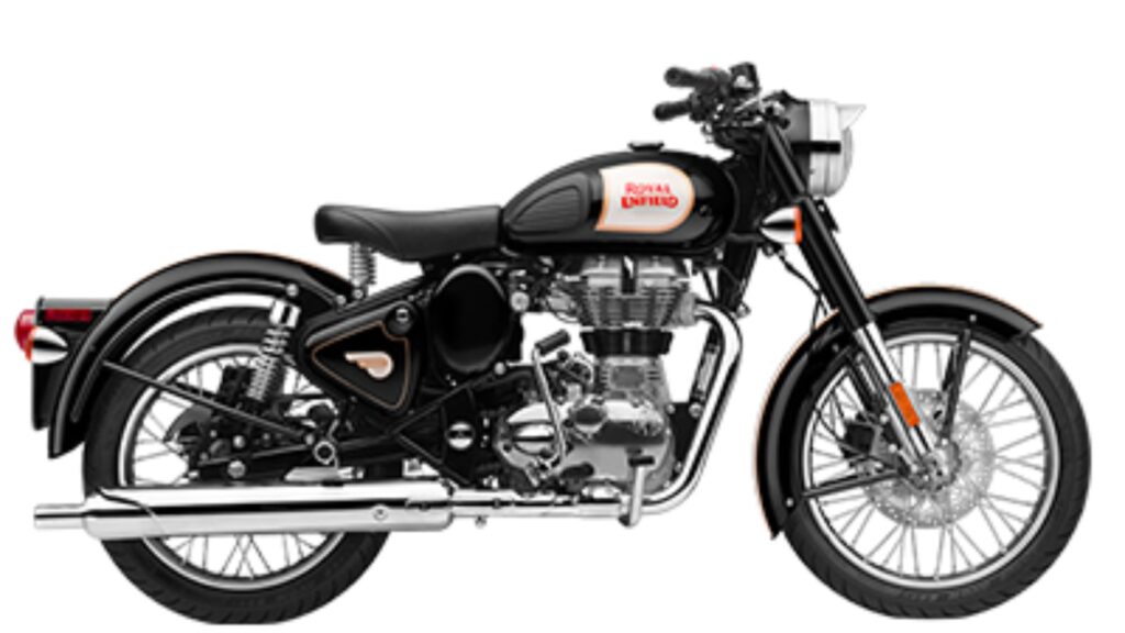 Royal Enfield Classic 2019 preto parado em um fundo branco.