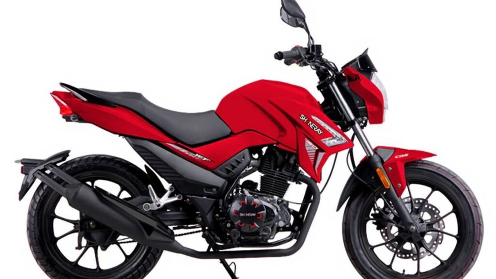 SHINERAY XY 2020 vermelha parada de lado em um fundo branco.